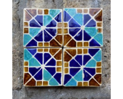 Blue and cognac geometric tiles, set of 4 by Alisha Kaliciak