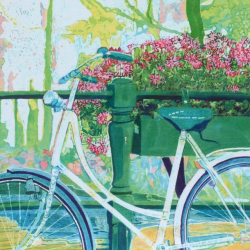 White Bike & Pink Geraniums greetings card