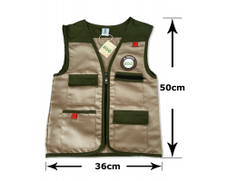 a beige childs zookeeper vest with dark green trim, four pockets and the dublin zoo logo.