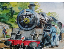 Print of two railway enthusiasts and 80043.