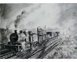 Print from charcoal drawing of a goods train