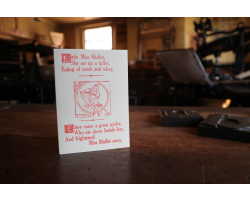 Handprinted Little Miss Muffet A5 card - Red