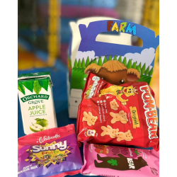 Kids meal deal, four snack items arranged in front of a box