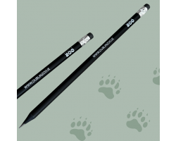 black pencil with an eraser top displaying the dublin zoo logo in white and the website address.
