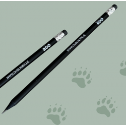 black pencil with an eraser top displaying the dublin zoo logo in white and the website address.
