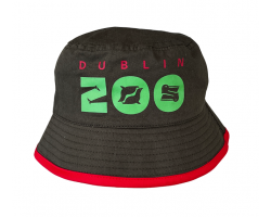 dark green bucket hat with red trim displaying the dublin zoo logo in red and green