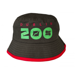 dark green bucket hat with red trim displaying the dublin zoo logo in red and green