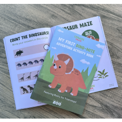 young childs dinosaur puzzle book with a triceratops drawing on the cover and the zoorassic trail logo.