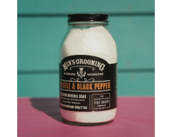Glass jar thistle and black pepper bath soak