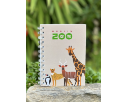 a spiral bound notebook with a beige cover displaying thezoo logo and an art image of a penguin ,leopard, bongo and giraffe.
