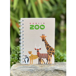 a spiral bound notebook with a beige cover displaying thezoo logo and an art image of a penguin ,leopard, bongo and giraffe.