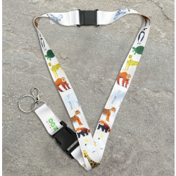 dublin zoo lanyard with images of animals including orangutan, leopard, elepant and red panda.