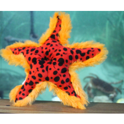 red, fluffy starfish soft toy with black spots