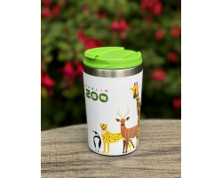 Thermal mug sitting on a table with a green lid displaying the zoo logo and an art image of a penguin, leopard, bongo and giraffe.