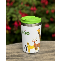 Thermal mug sitting on a table with a green lid displaying the zoo logo and an art image of a penguin, leopard, bongo and giraffe.