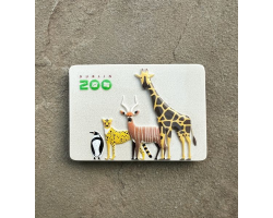 ceramic rectangle magnet displaying the zoo logo and an art image of a penguin, leopard, bongo and giraffe.
