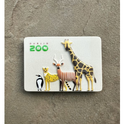 ceramic rectangle magnet displaying the zoo logo and an art image of a penguin, leopard, bongo and giraffe.
