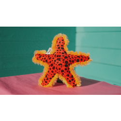 red, fluffy starfish soft toy with black spots