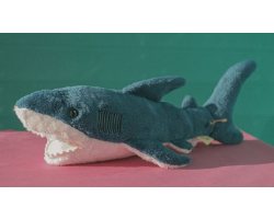 Dark blue fluffy shark toy with white underside.
