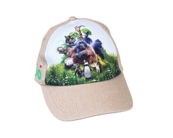 beige cap with the dublin zoo logo on the side and an image displaying a montage on animals on the front.