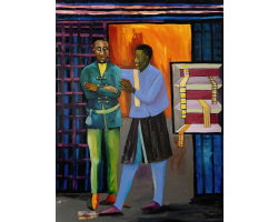 Two men standing outside of a shop in brightly coloured clothing.