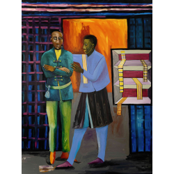 Two men standing outside of a shop in brightly coloured clothing.