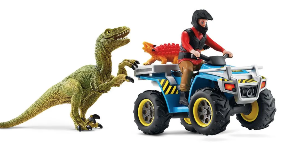 SCHLEICH 41466 Fuite Sur Quad Face Au Vélociraptor - Dinosaurs Coffret Dès 5 Ans