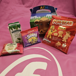 Kids meal deal, four snack items arranged in front of a box