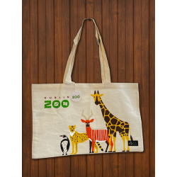 dublin zoo tote bag in landscape format with the zoo logo and long handles and an art image of a penguin, leopard, bongo and giraffe.