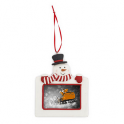 Printed team photograph in a Snowman tree decoration