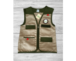 a beige childs zookeeper vest with dark green trim, four pockets and the dublin zoo logo.