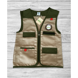 a beige childs zookeeper vest with dark green trim, four pockets and the dublin zoo logo.