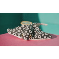 Mini spotty black and white eagle ray soft toy with white underbelly.