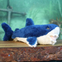 Mini dark blue fluffy shark toy with white underside.