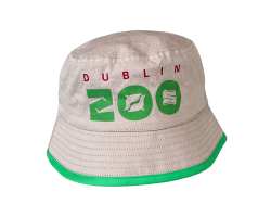 beige bucket hat with red trim displaying the dublin zoo logo in red and green.