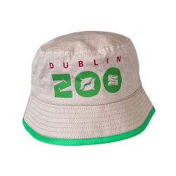 beige bucket hat with red trim displaying the dublin zoo logo in red and green.