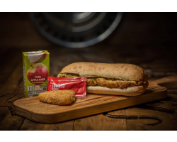 VEGAN Sausage Ciabatta Roll - Served with hash brown and Orange Juice