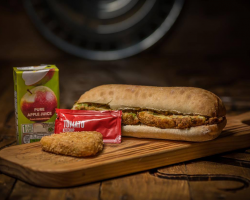 VEGAN Sausage Ciabatta Roll - Served with hash brown and Orange Juice